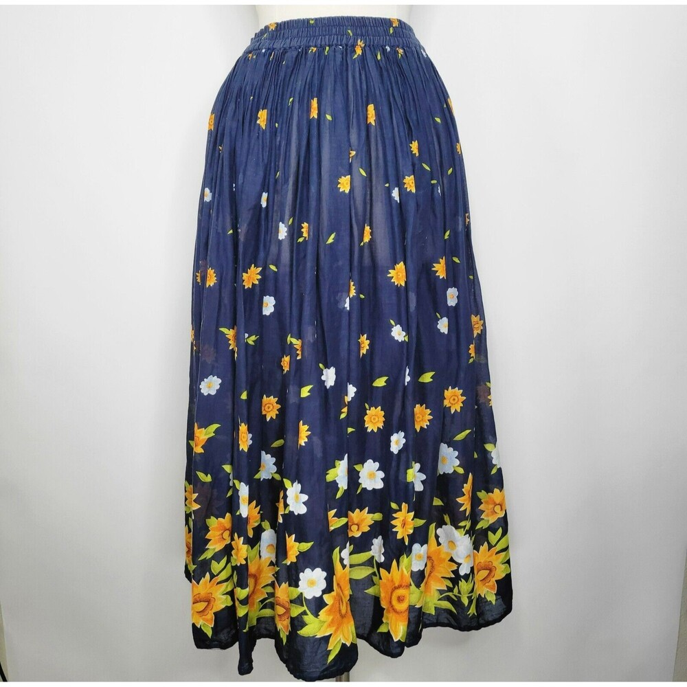 AUSTIN HARRIS Cotton Floral Print Maxi Skirt Size M Semi Sheer Sunflower Daisy